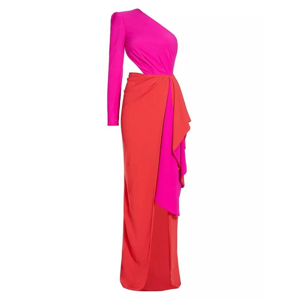 Michael Costello  Evelyn One-Shoulder Colorblocked Draped Gown. Size 2